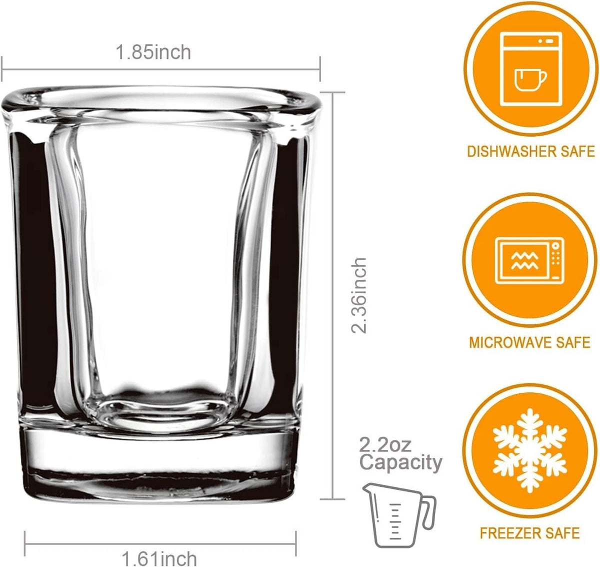 6 Pack Glass Shot Glasses Set for Mini Square Whiskey (2.2oz)