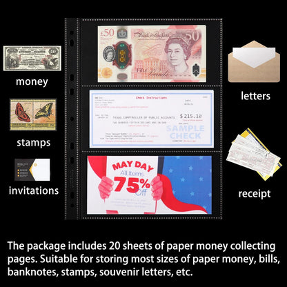 20 Sheets Currency Pages for Paper (3 Pockets/Sheet)