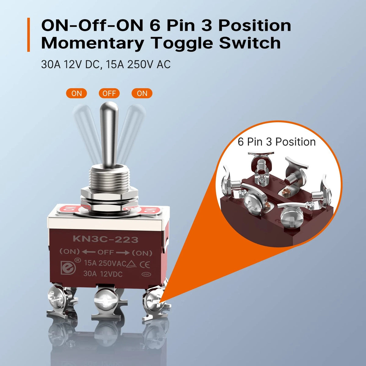 Momentary Toggle Switch 12V DC 3 Way 30 Amp DPDT 6 Pin for Automotive