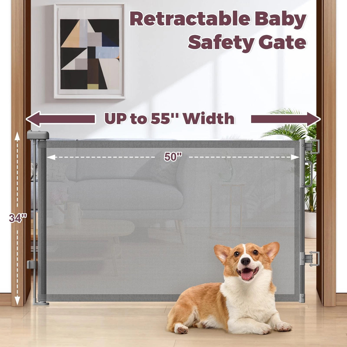 Retractable Baby Gate for Stairs & Doorways (34" Tall x 55" Wide)