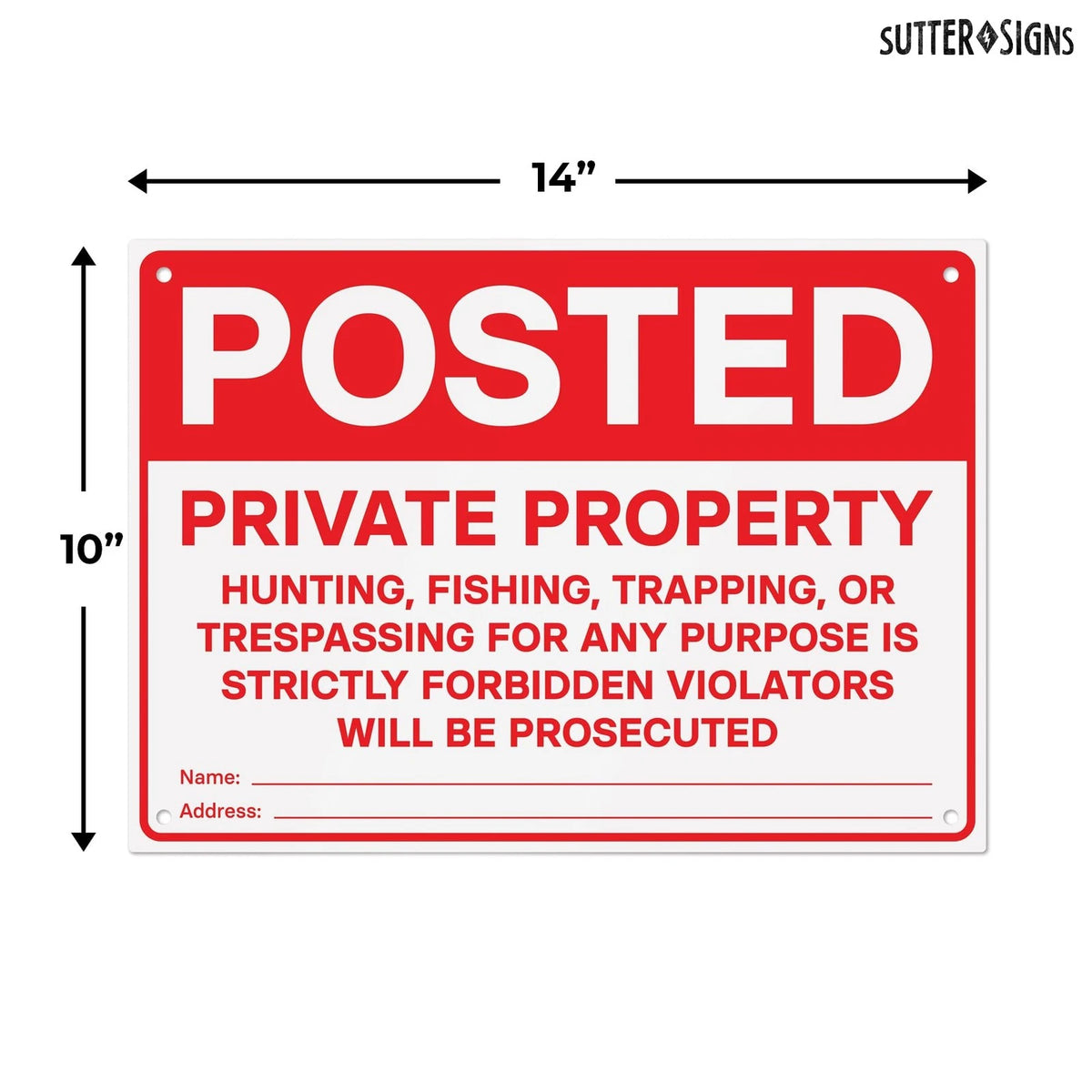Set of 4 Posted Private Property Signs No Hunting 14" x 10", Red/White