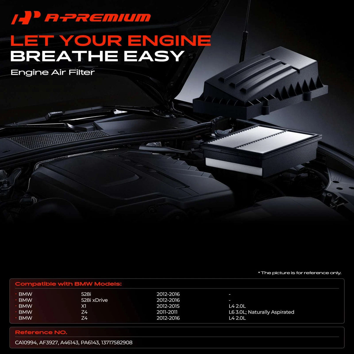 2X Engine Air Filter for BMW F10 528i 528i xDrive (2012–2016) AF3927, 13717582908