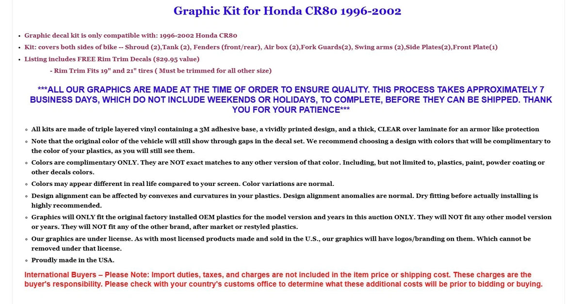 Graphic Stickers + NPS + RIM Decals for Honda CR80 (1996–2002)
