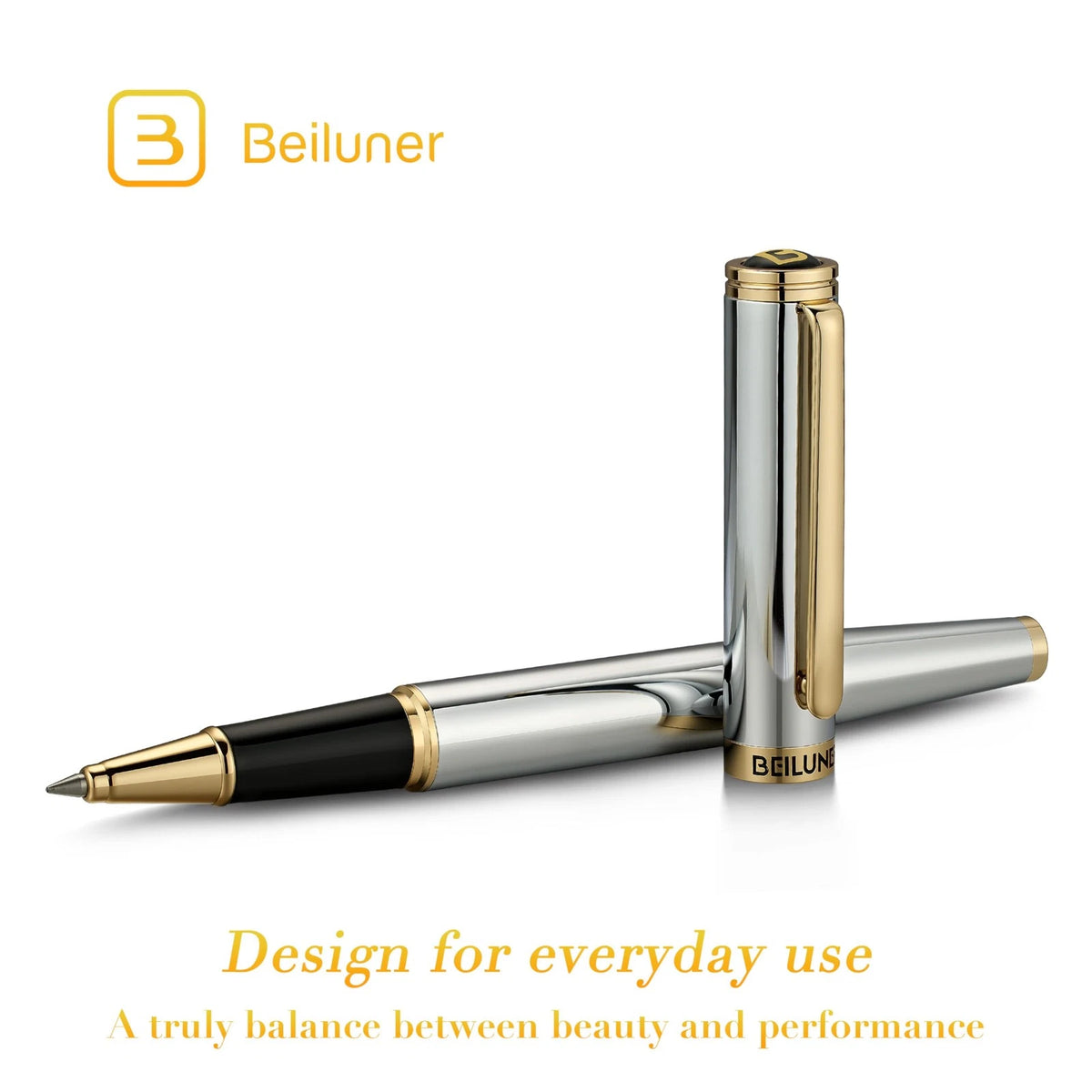 Luxury Rollerball Pen for Universal Use (Pack of 1) - Silver Chrome & Gold