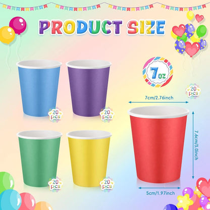 Set of 100 Rainbow Paper Cups 7 oz Disposable for Birthday Parties