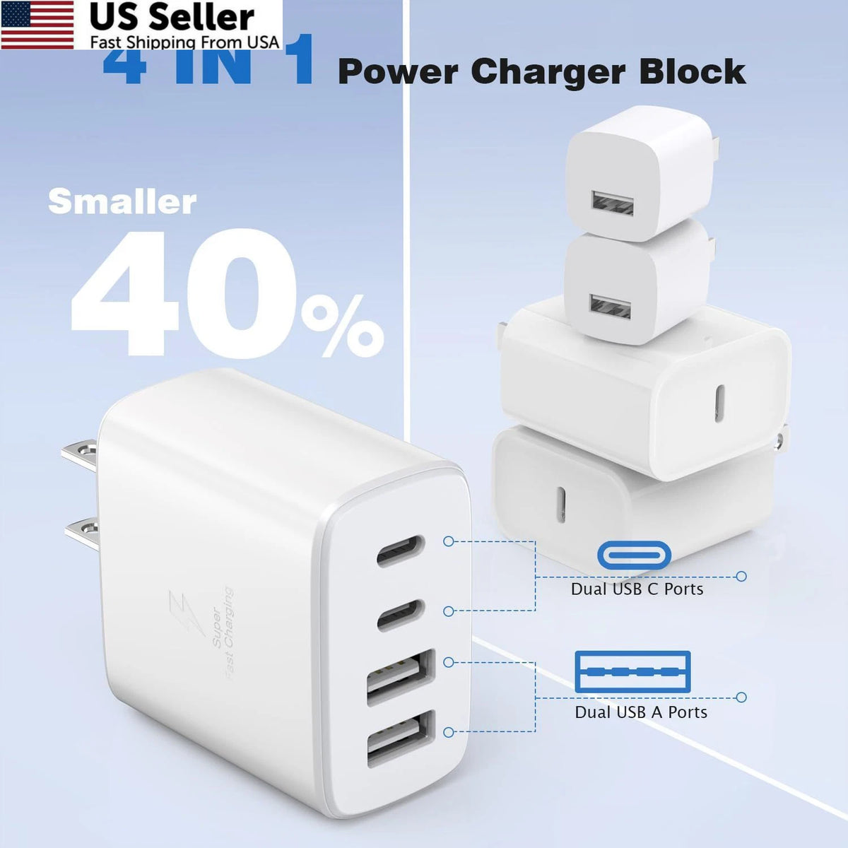 40W 2-Pack USB C Charger Block, 4-Port PD Power for Universal Use