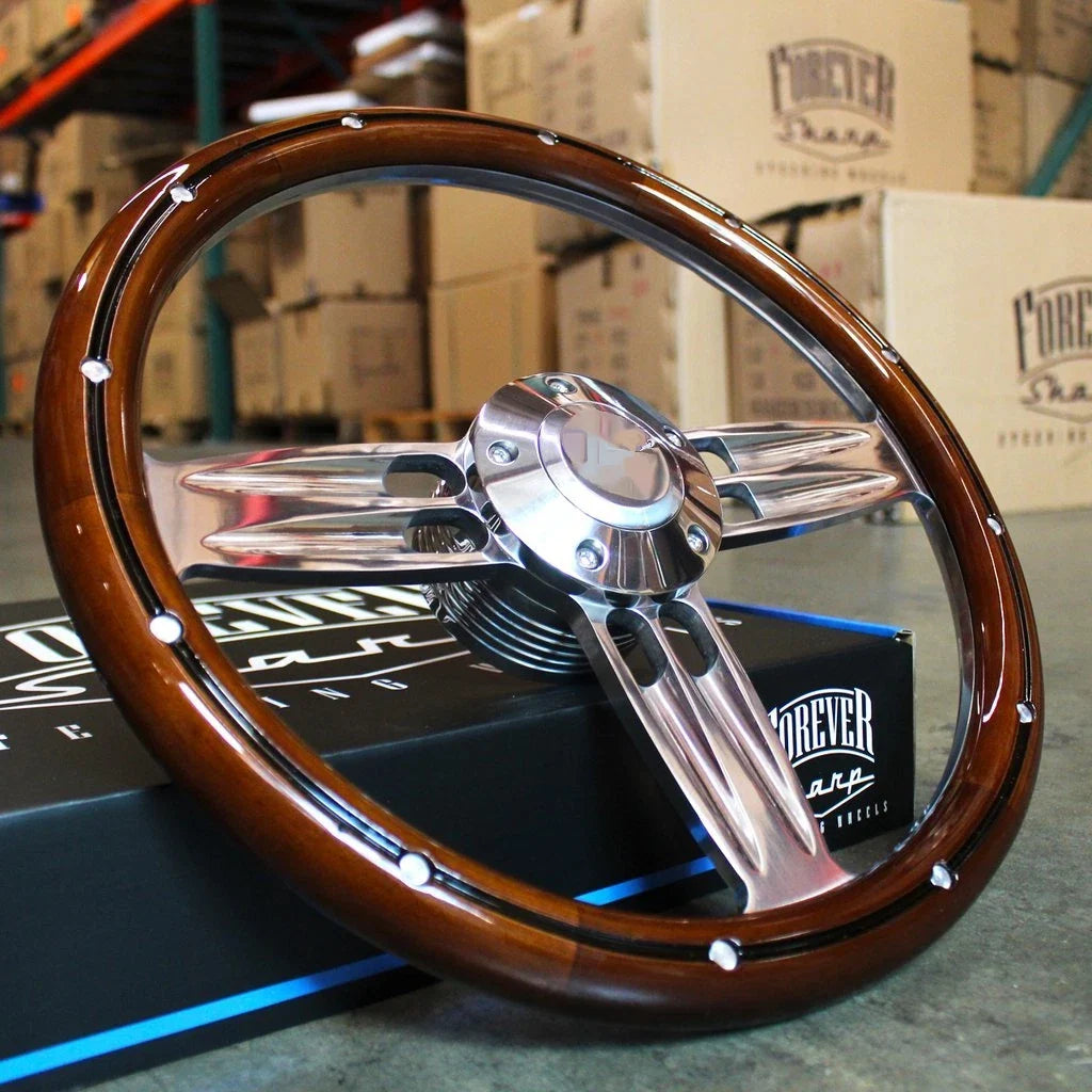 Polished Dark Wood Steering Wheel with Plain Horn and Adapter for A01 (14 in) (1987–1994)