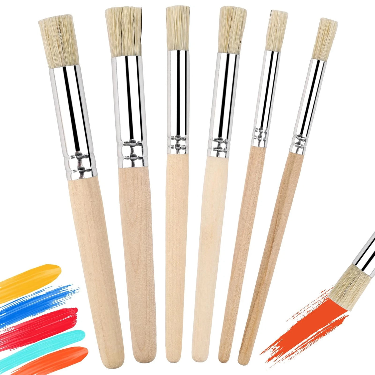 6X Wooden Stencil Brush Set Natural Wood Bristle Dome Art Paint Brushes
