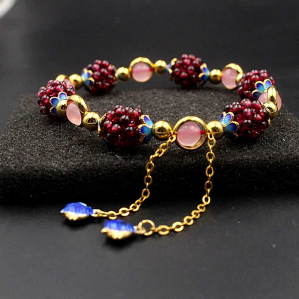 Natural Garnet Rose Quartz Round Beads Bracelet for Women Girls