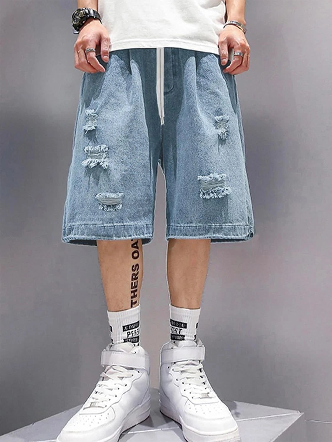 Men's Baggy Denim Shorts Elastic Waist Ripped Cargo Jorts Y2K Style