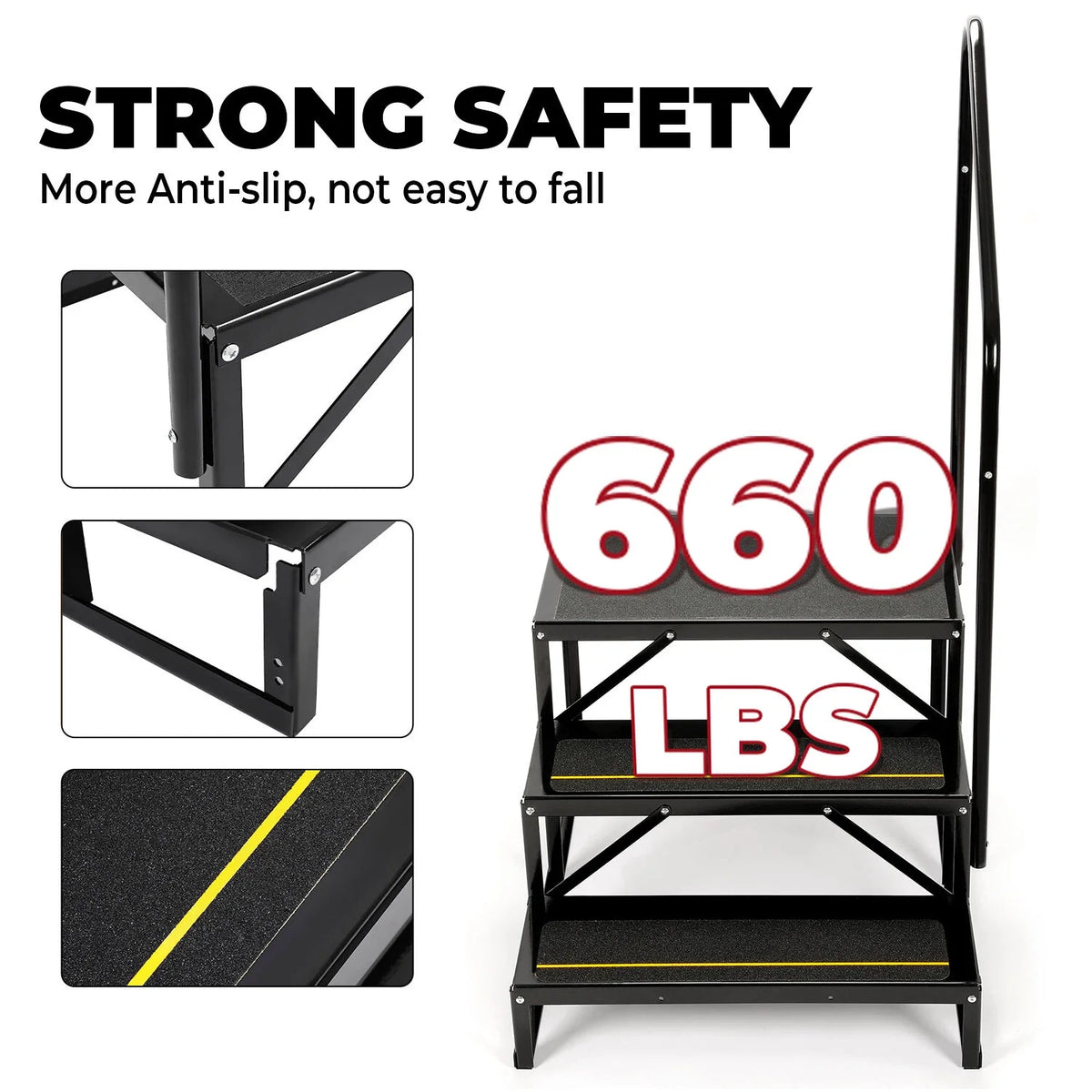 3-Step Anti-Slip Stair with Handrail for RV Camper Hot Tub (660lbs)