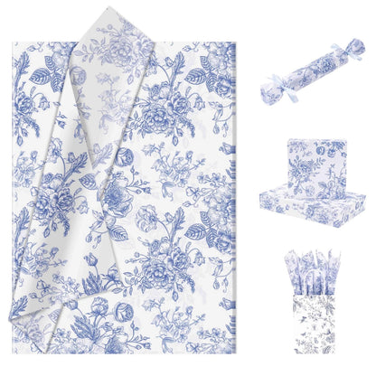 Floral Tissue Paper Bulk Set of 20x14 Inches - Blue and White