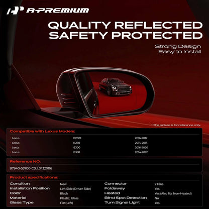 A-Premium Driver Power Mirror for Lexus IS350 IS250 (2014–2020) 87940-53700-C0, LX1320116