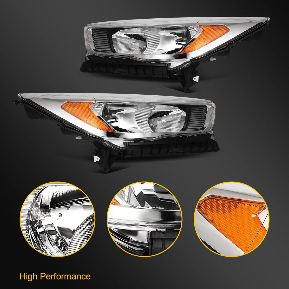 2Pcs Pair Front Headlights for Ford Escape (2017–2019) Chrome Amber