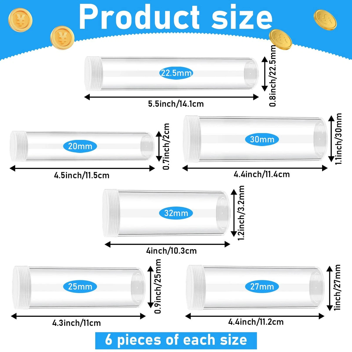 36 Pcs Plastic Coin Tubes Set - 6 Sizes Clear Holders
