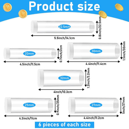 36 Pcs Plastic Coin Tubes Set - 6 Sizes Clear Holders