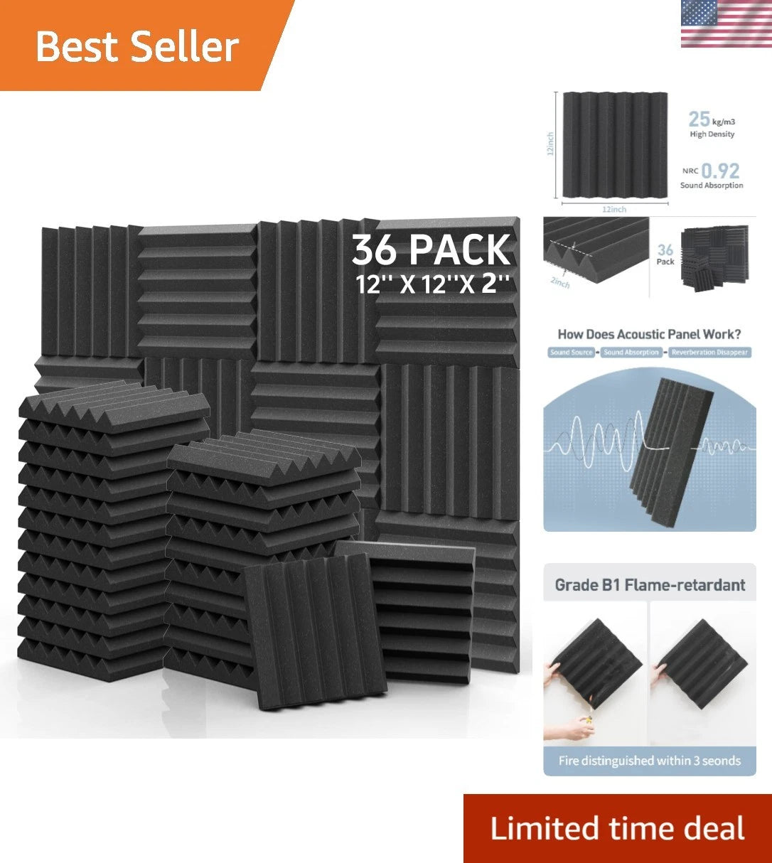 Set of 36 Soundproofing Wedge Foam Panels for Studios