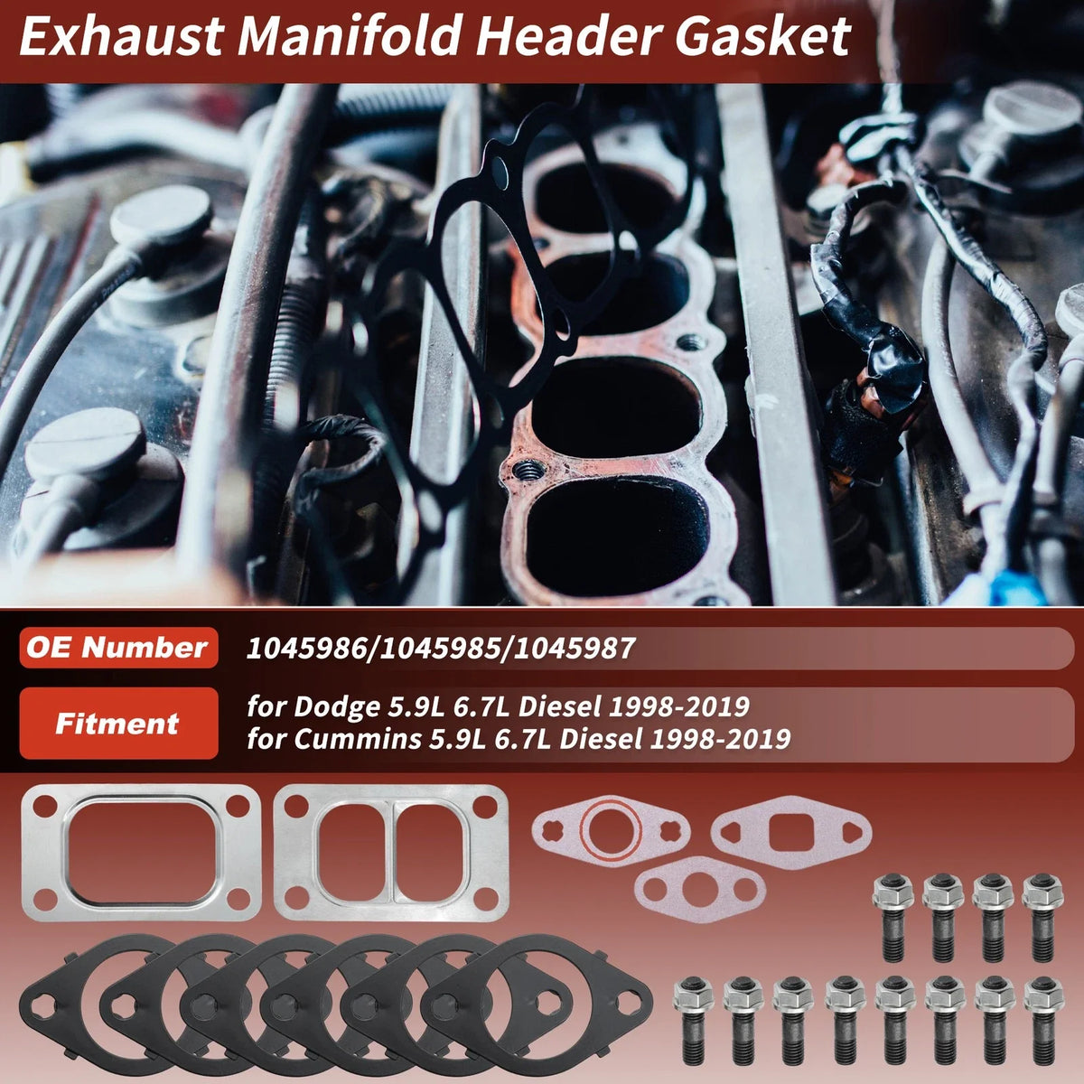 Exhaust Manifold Gaskets Kit with Stud Nut for Dodge Cummins 5.9L 6.7L (1998–2019)