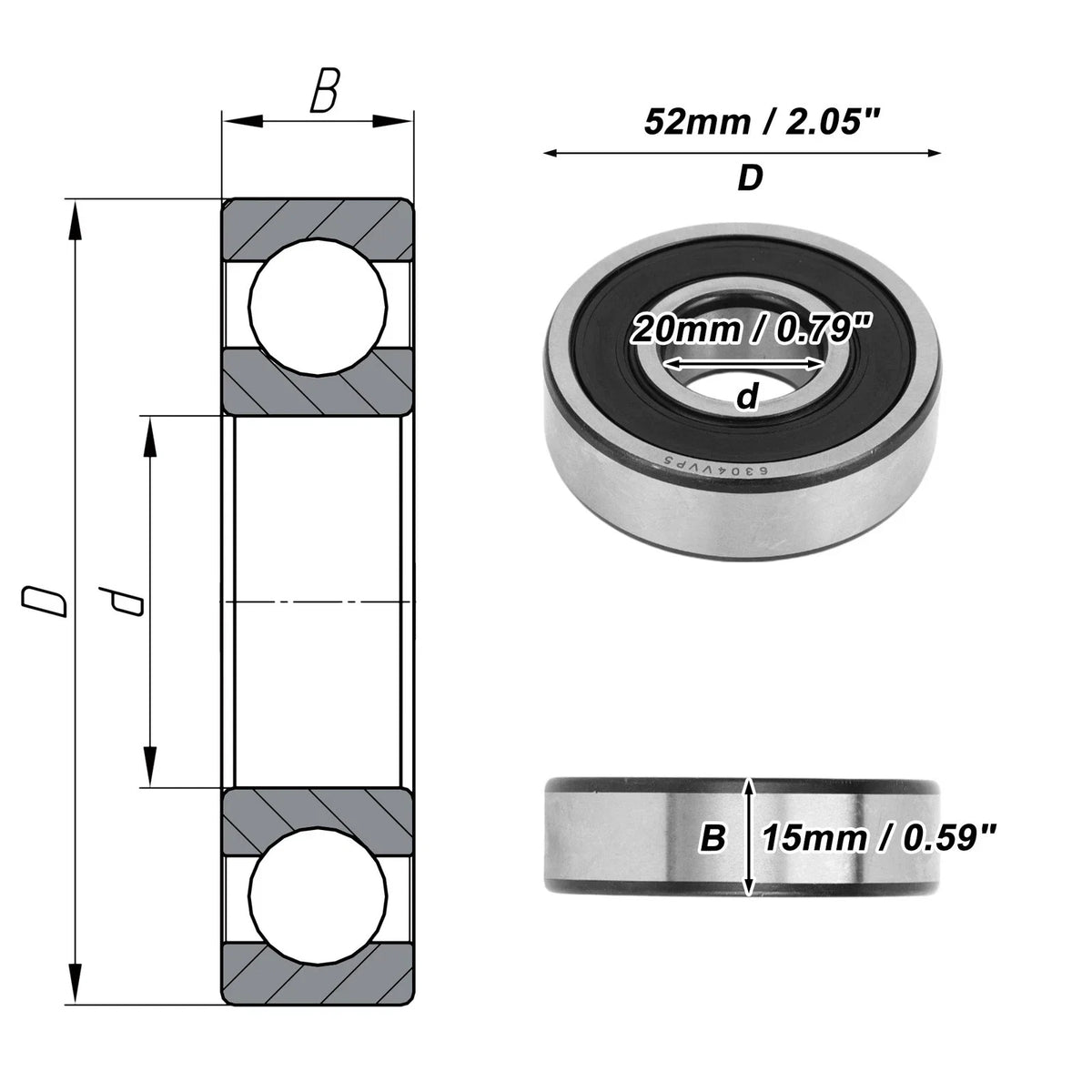 Deep Groove Ball Bearing 6304VV for Scooter Skateboard (20x52x15mm)