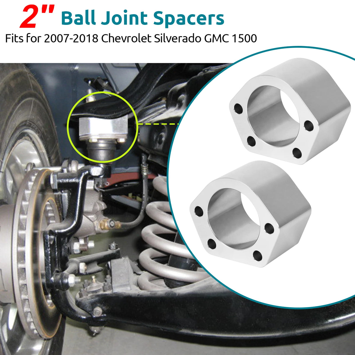 2 Inch Aluminium Ball Joint Spacers for Chevrolet Silverado GMC Sierra 1500 (2007–2018)
