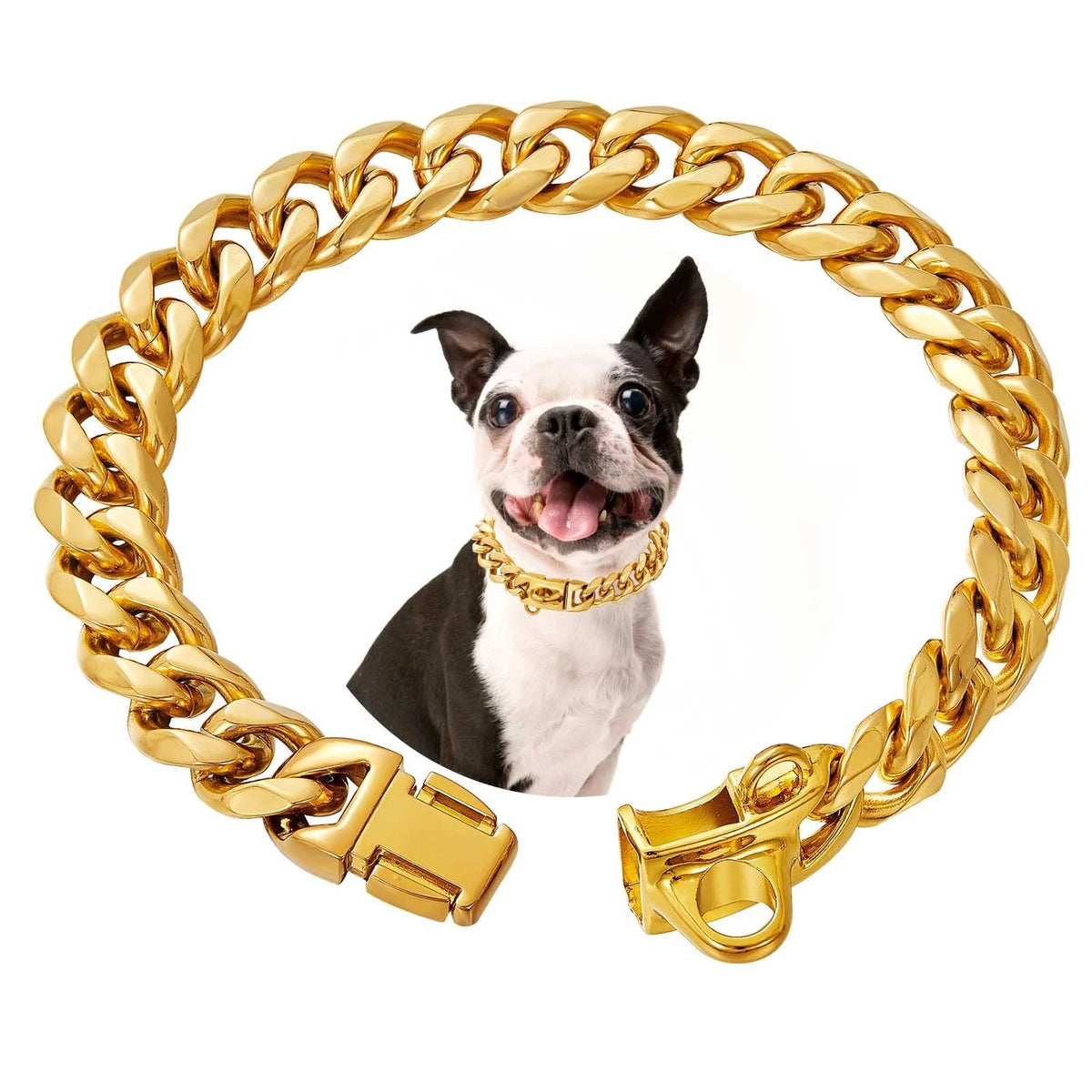 Stainless Steel Dog Collars with Safety Buckle Lock (18K Cuban Link)