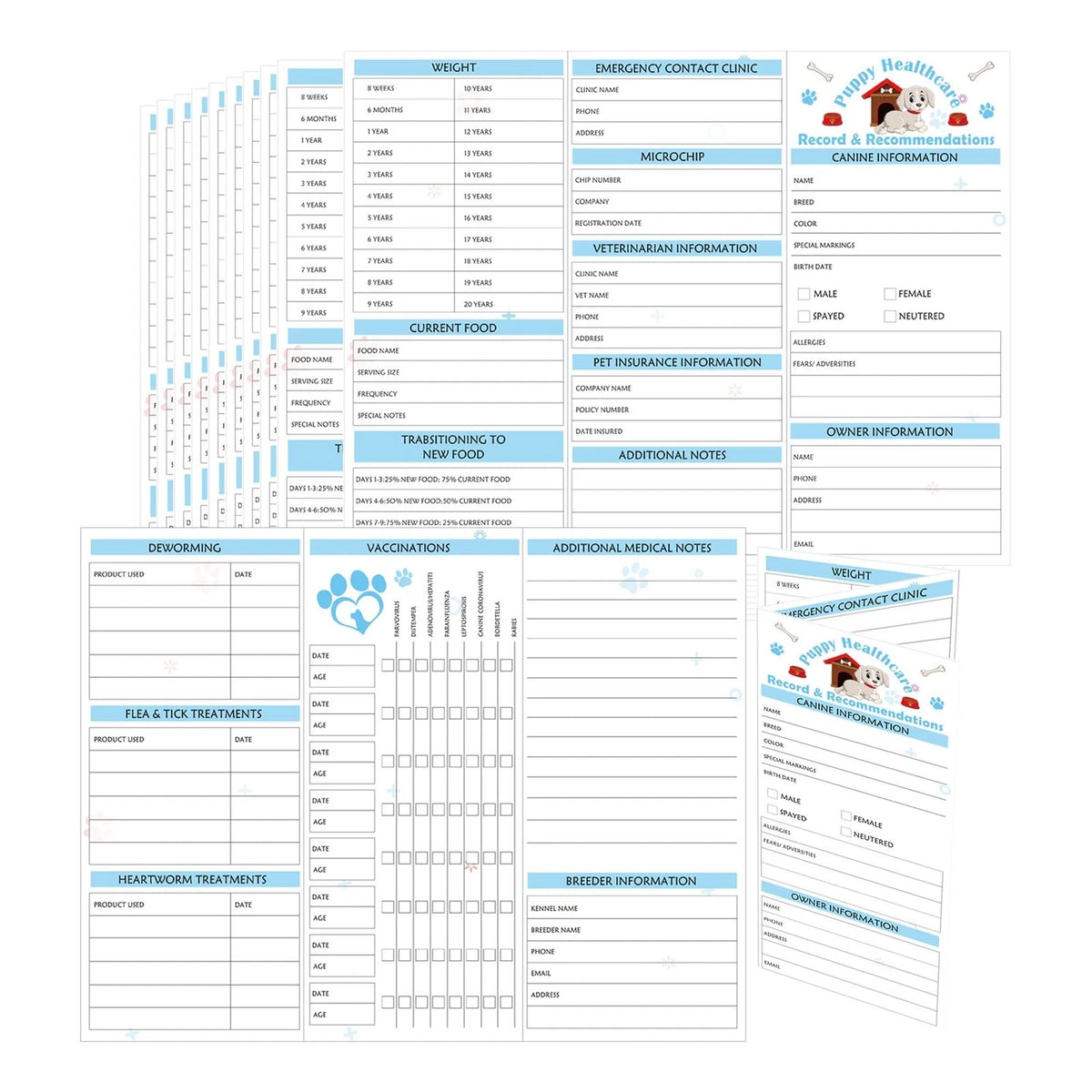 25 Pack Dog Record Cards for Puppies (8.3 x 11 Inch, Blue)