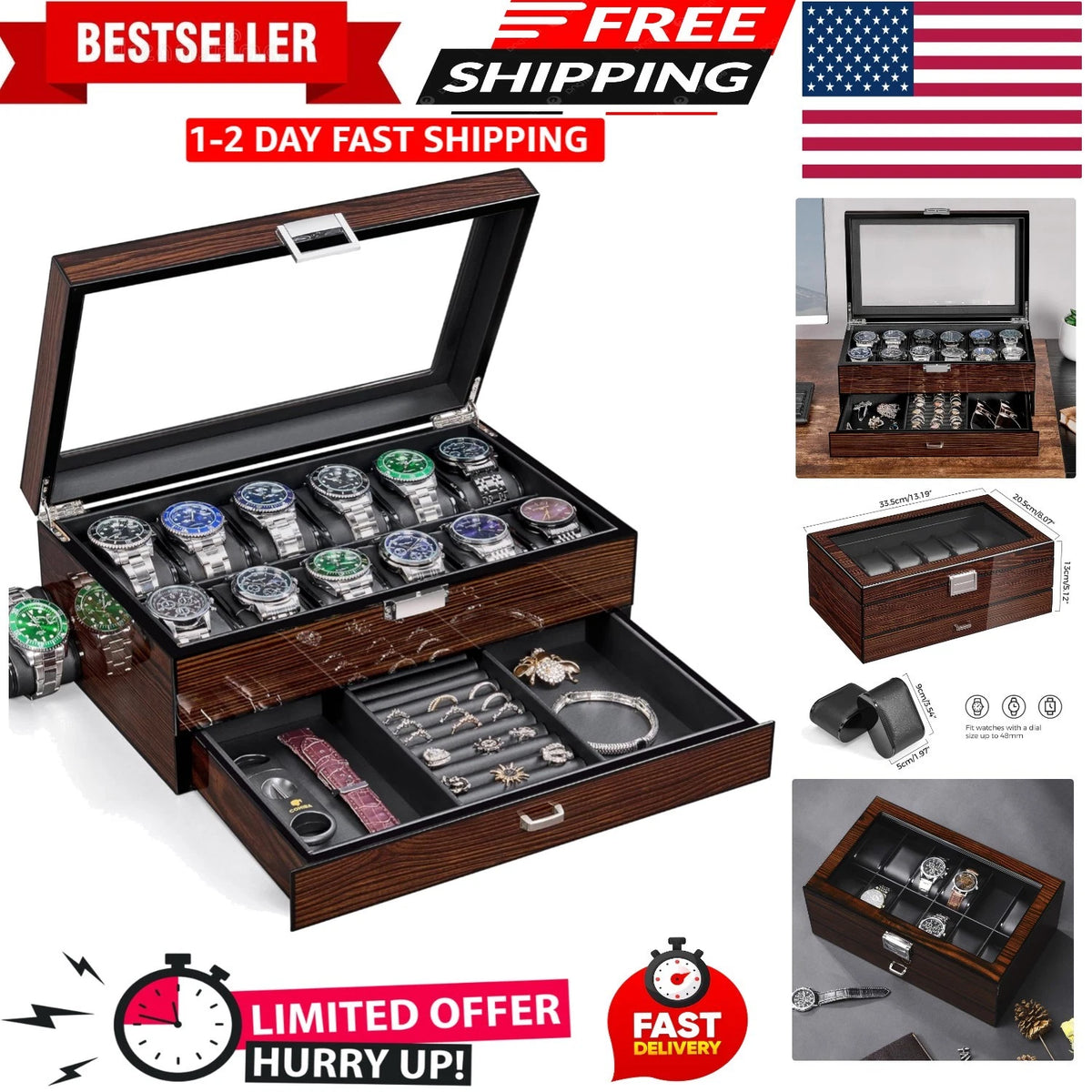 12 Slot Wooden Watch Box for Men (No Known Part Numbers)