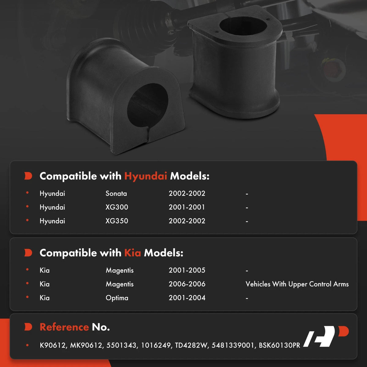2X Front To Frame Sway Bar Bushing for Hyundai Sonata (2002) Kia Optima (2001–2004) 5501343, 5481339001, BSK60130PR, K90612