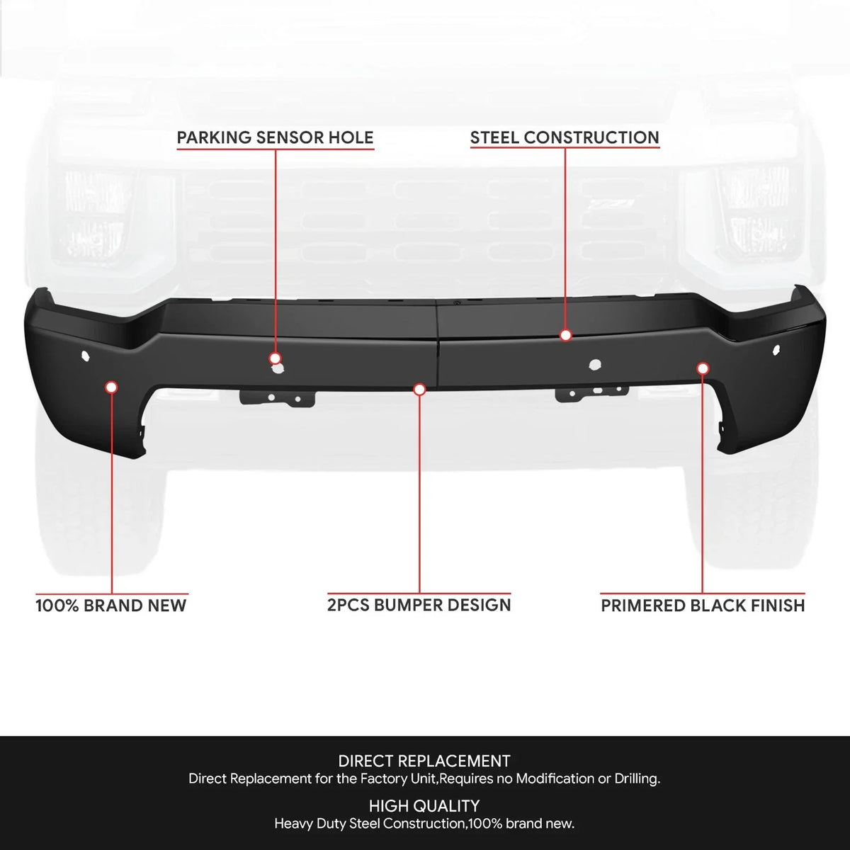 Front Bumper Face Bar for Silverado 2500 3500 HD (2020–2023) w/ Sensor Holes