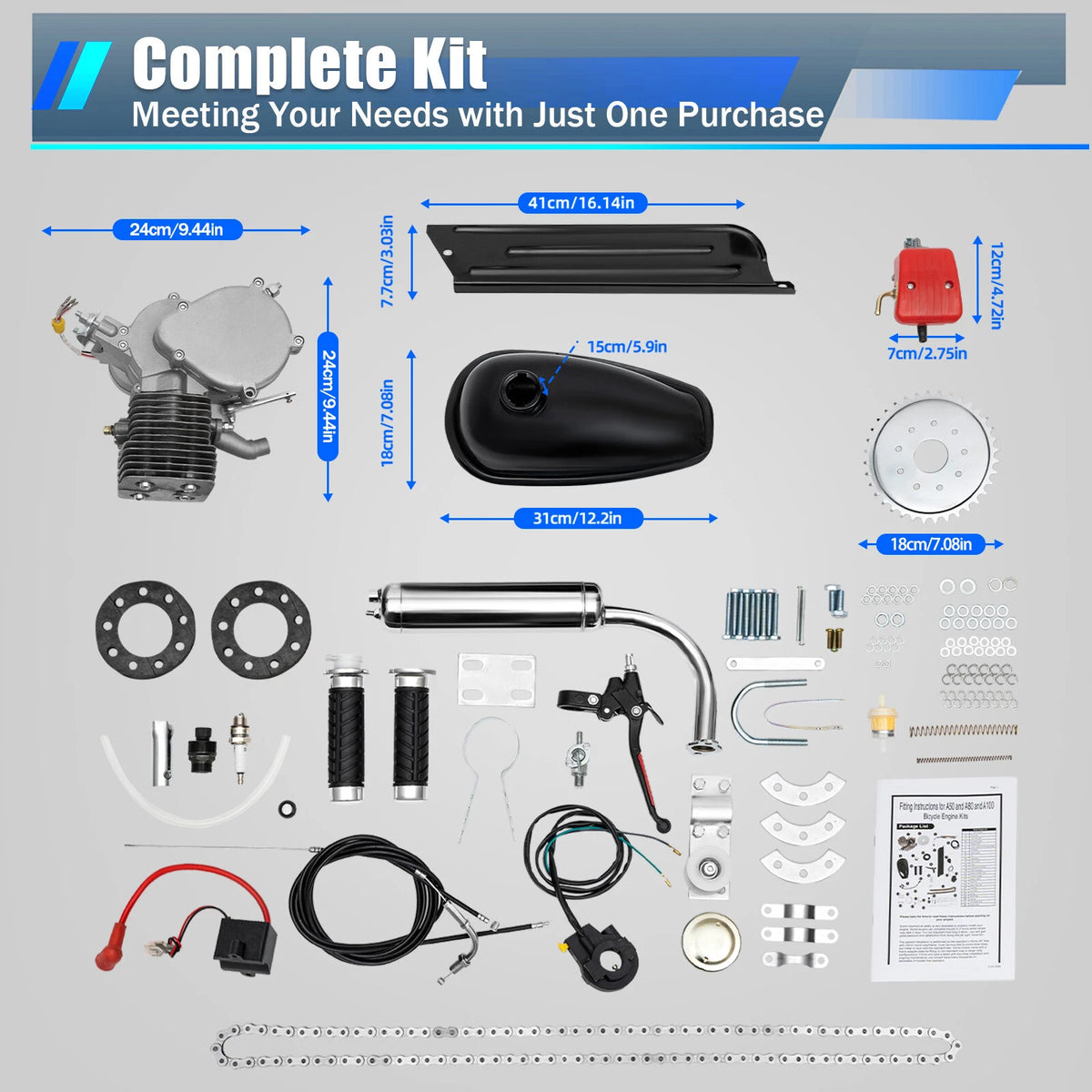 Full Set 100CC Bicycle Motorized 2 Stroke Gas Engine Kit