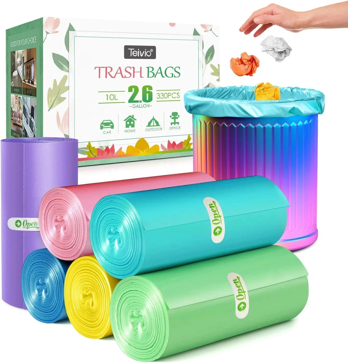 2.6 Gallon Strong Trash Bags - 330 Pcs Colorful Clear Garbage Bags