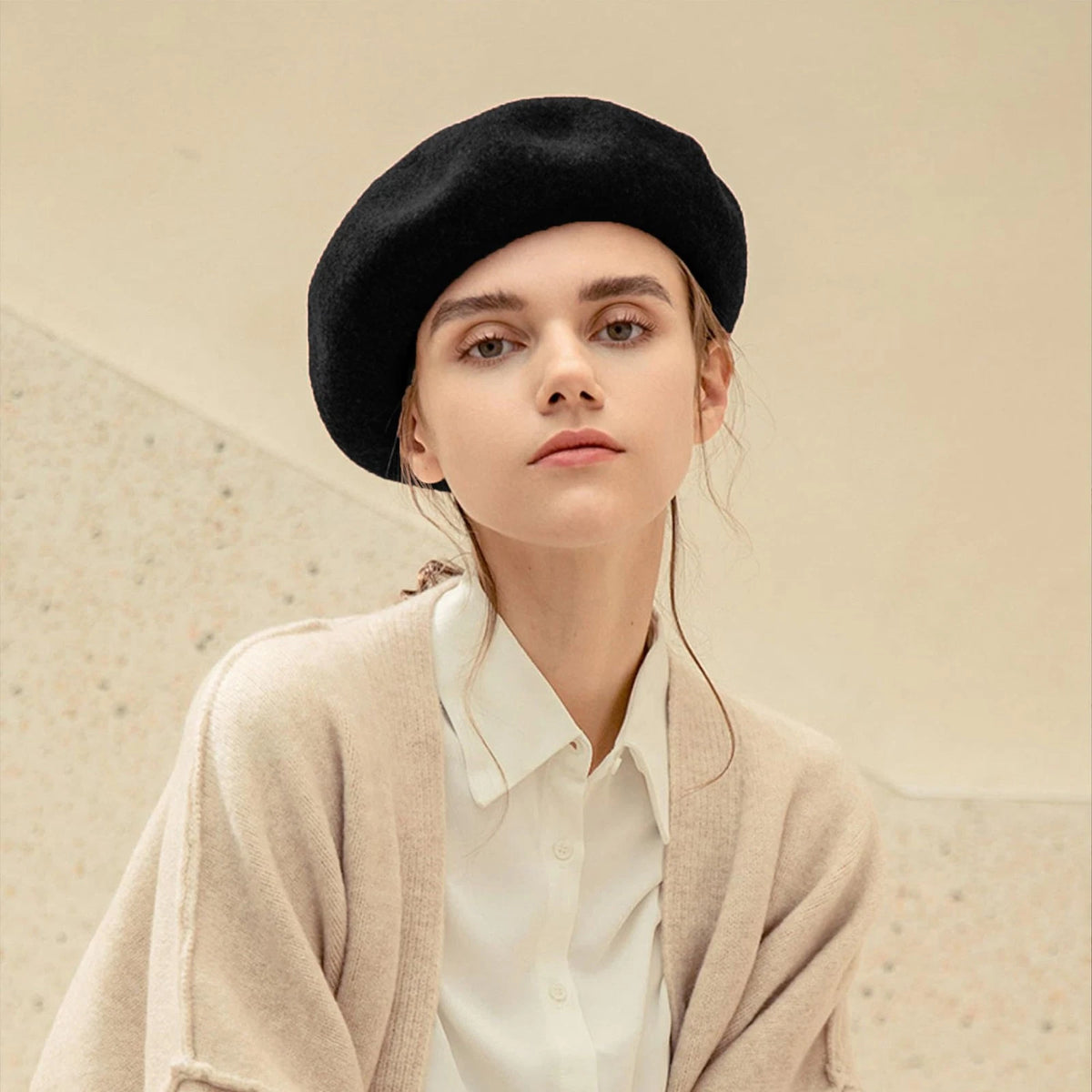 Classic French Beret Hat for Women - Elegant Black Wool
