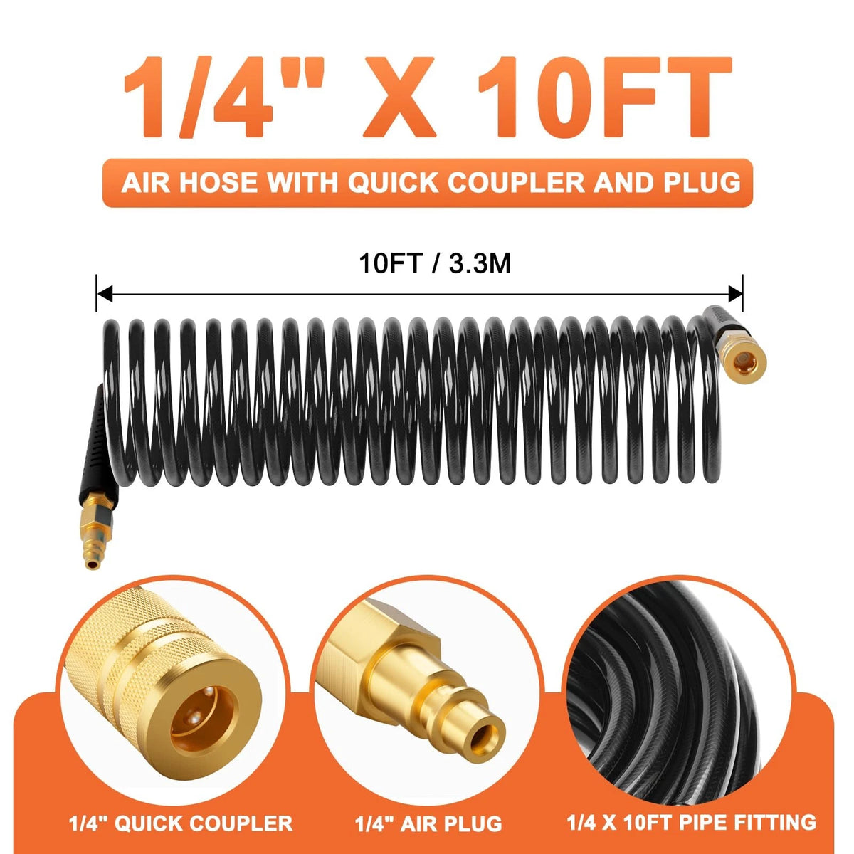 10ft Coiled Air Hose 1/4 Inch Polyurethane Black Recoil Bend Restrictor