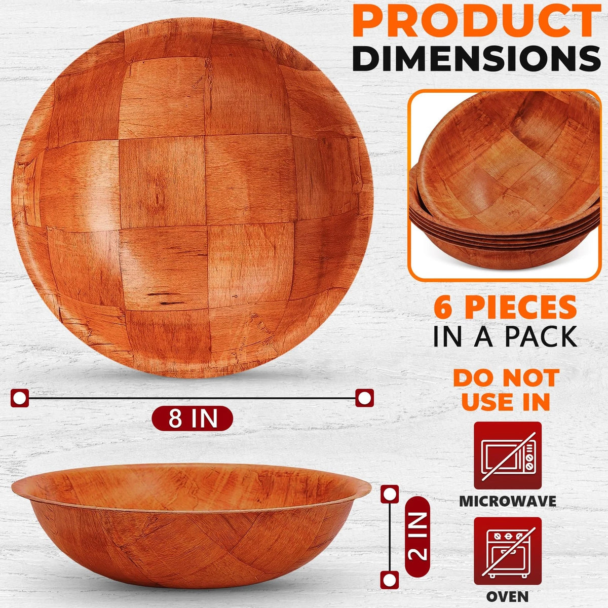 Set of 6 Wooden Salad Bowls - 8" Diameter, Holiday Bowl Set