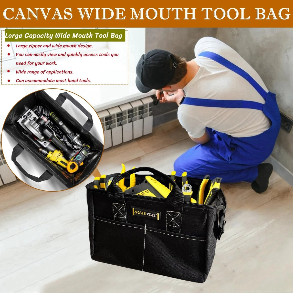 12 Inch Tool Bag for Men, Multi Pocket Canvas Tool Box