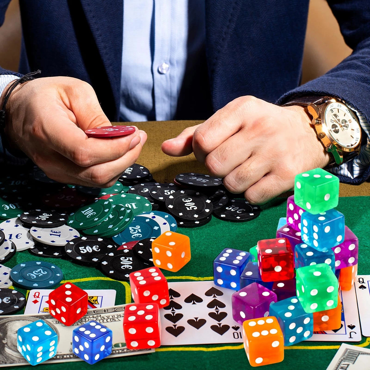 36-Piece Casino Dice Set for Various Games (19mm) - Red, Blue, Purple, Green, Orange