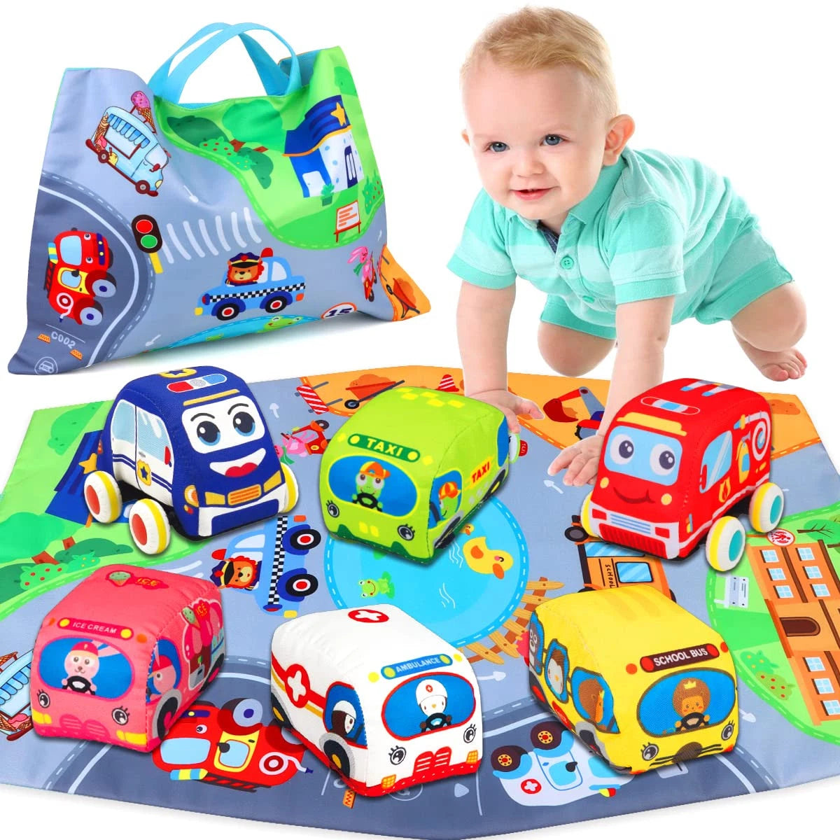 Soft Car Toys for 1 Year Old with Playmat (6 to 12 Months)