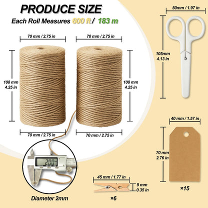 5 Pack Natural Twine String for Crafts Gardening 1200 Feet