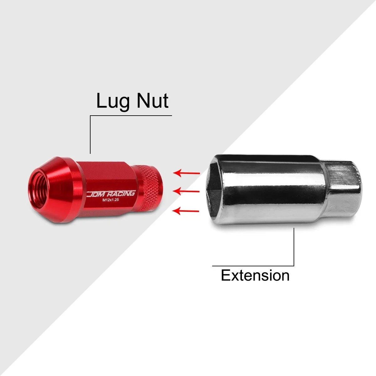 Set of 20 M12X1.25 Red Open End Cone Seat Hex Wheel Lug Nuts + Extensions 25mm