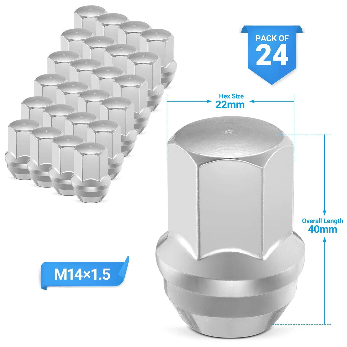 24x Chrome Lug Nuts M14x1.5 for Chevrolet Silverado Tahoe Suburban (2000–2023)
