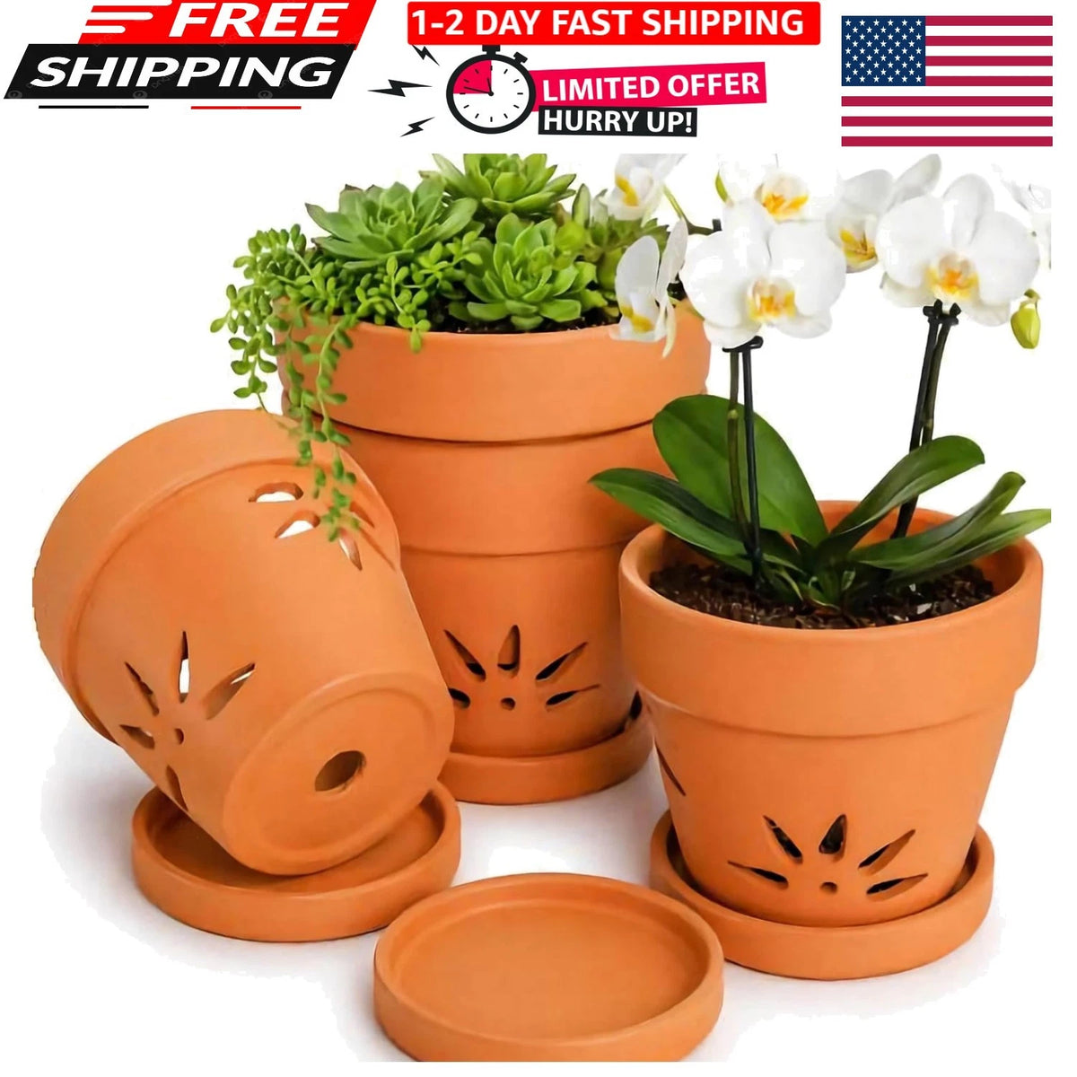 Set of 4 Orchid Pots with Holes and Saucers for Terracotta Clay