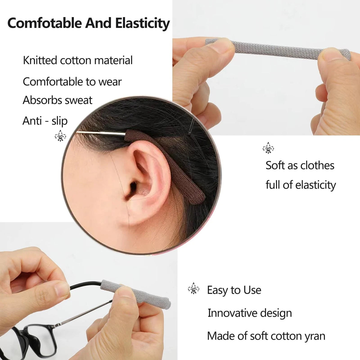 4 Pairs Ear Grippers for Glasses - Soft Cotton Non-Slip Temple Tips