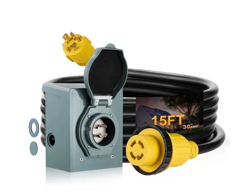 30A Extension Cord with Generator Inlet Box for RV Truck (15FT)