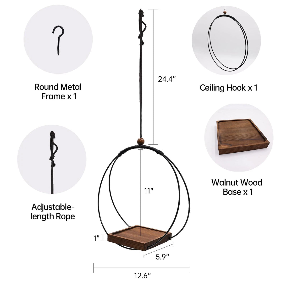 Hanging Planter for Indoor Use - Black Metal/Walnut Wood Base (1 Pack)