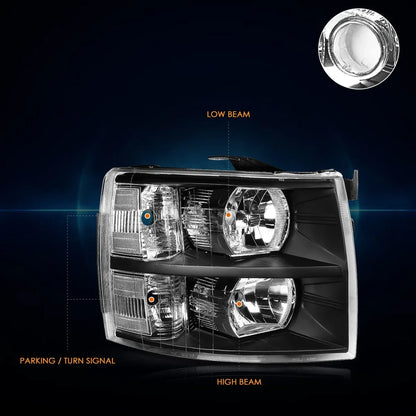 Headlight Lamps for Chevy Silverado (2007–2014) Black Housing Clear Corner