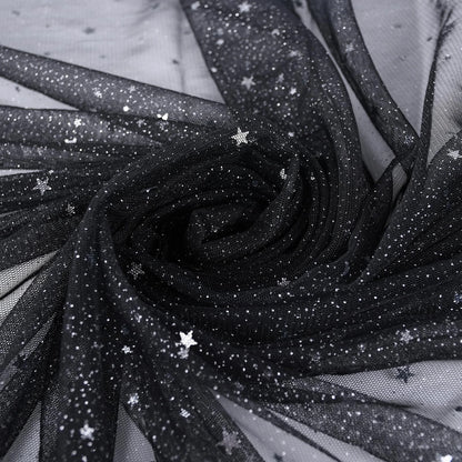 3 Yards Glitter Tulle Fabric Roll for Crafting (Silver Stars, Black)