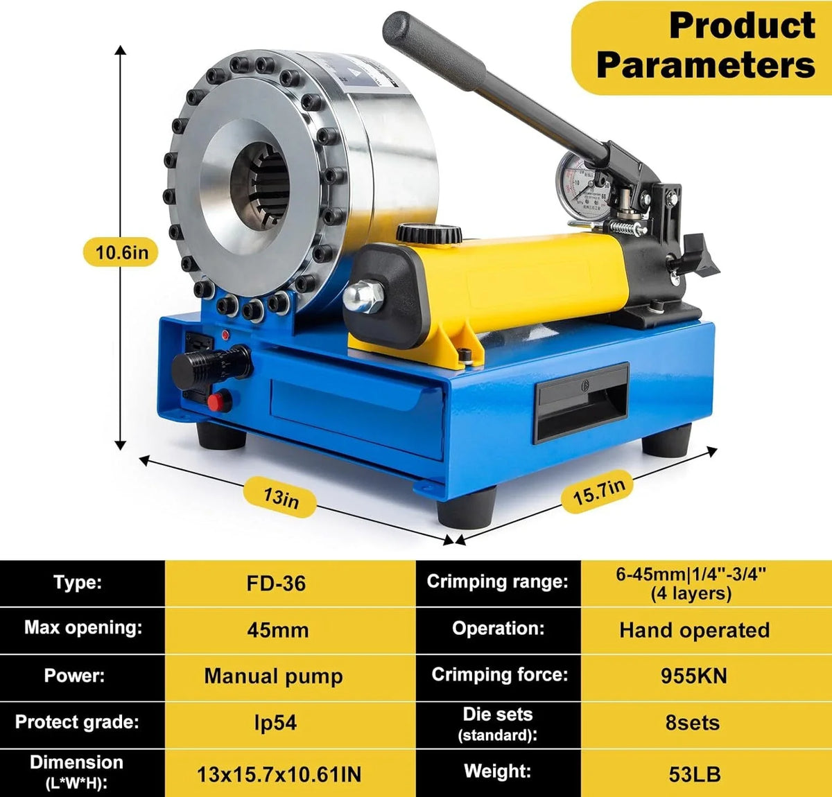 Manual Hydraulic Hose Crimper with 8 Dies for Universal Applications