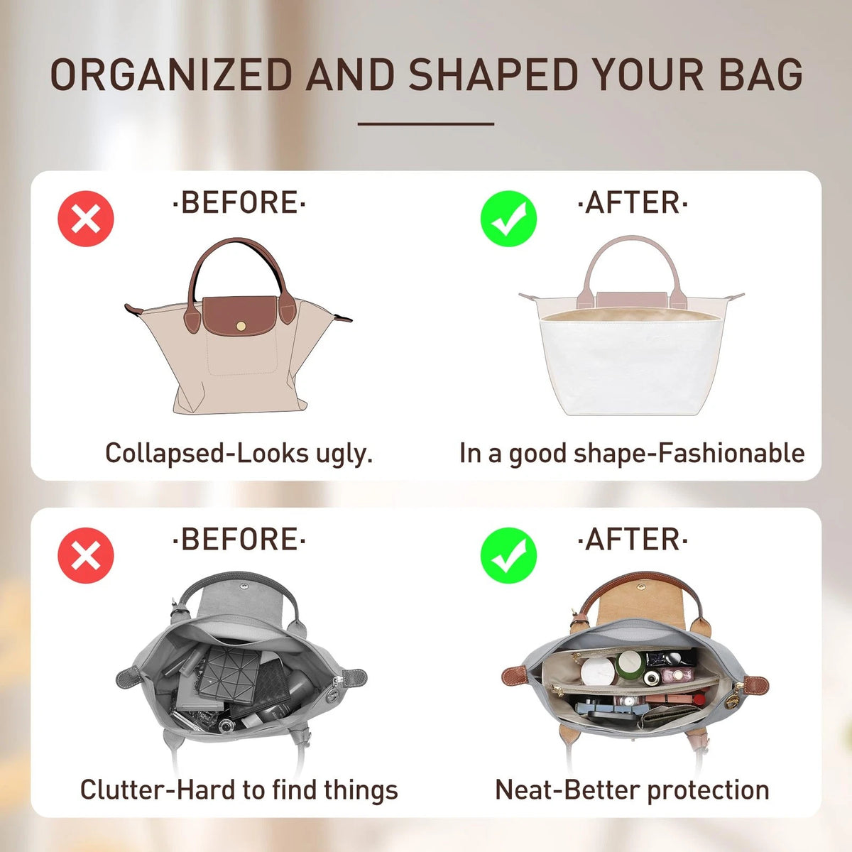 Purse Organizer Insert for Long Champ Bag (Large, White)