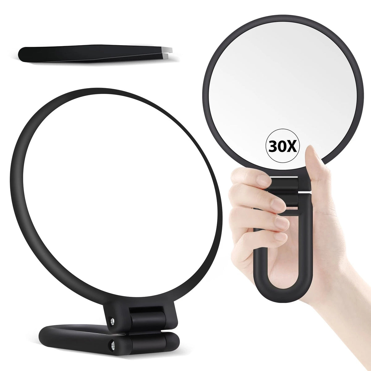 30X Magnifying Mirror for Handheld Use (5.7"L x 5.5"W, Frosted Black)