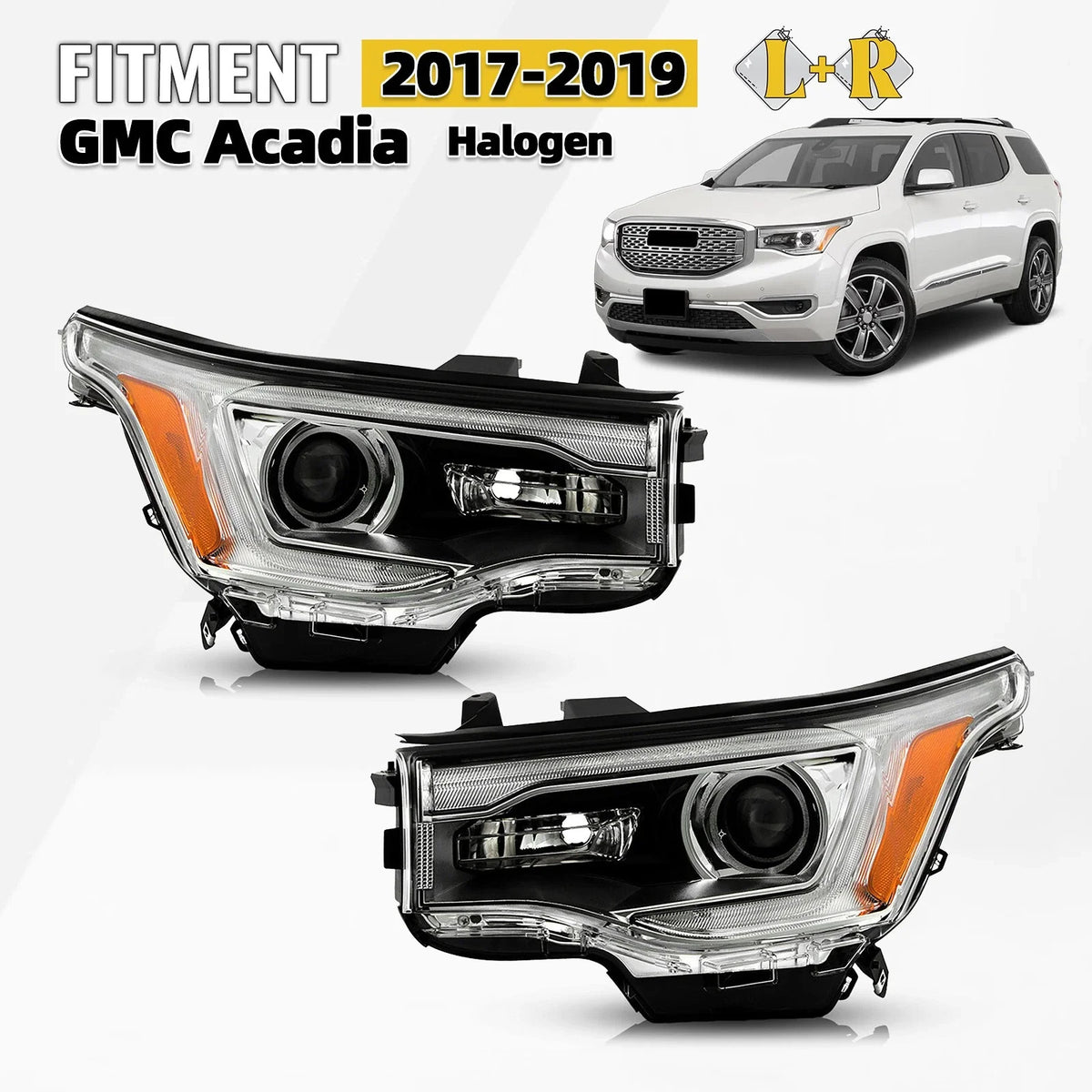 Halogen Headlight Pair for GMC Acadia SL (2017–2019) W/Bulb W/O LED DRL Chrome